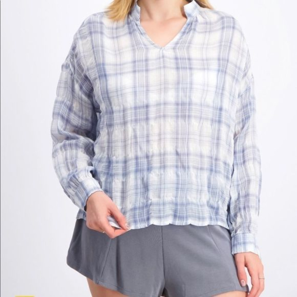Lush Dolman Long Cuff Sleeves Plaid Band Collar V-neck crinkled blouse